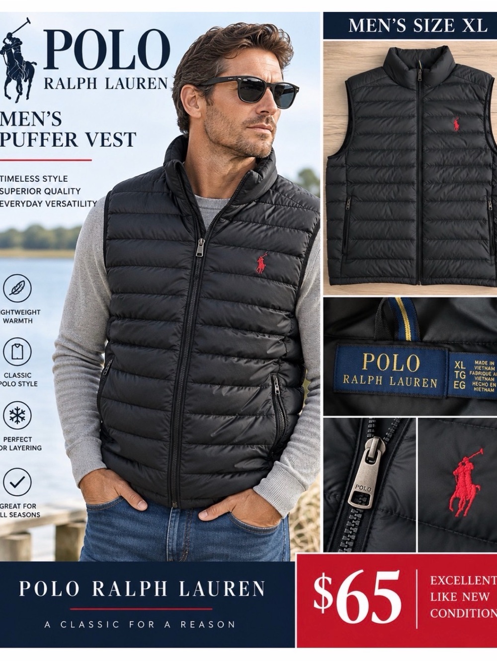 Polo by Ralph Lauren Men’s Black Quilted Puffer Vest with Red Pony